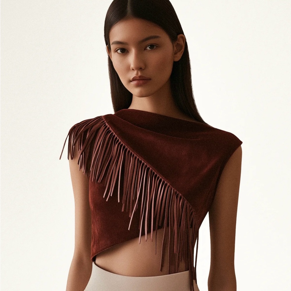 Ariana Asymmetric Fringe Sueded Top - Burgundy